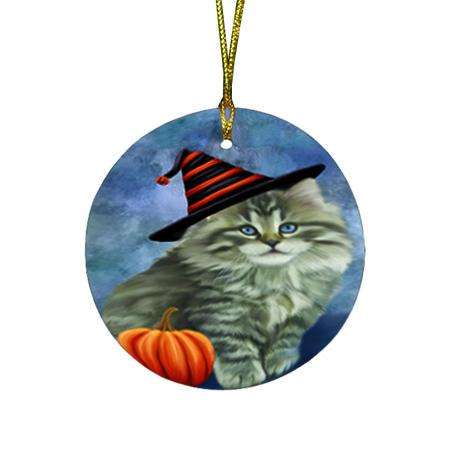 Happy Halloween Persian Cat Wearing Witch Hat with Pumpkin Round Flat Christmas Ornament RFPOR55090