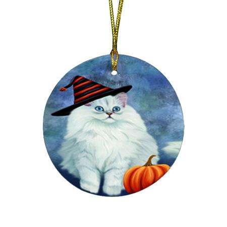 Happy Halloween Persian Cat Wearing Witch Hat with Pumpkin Round Flat Christmas Ornament RFPOR55091