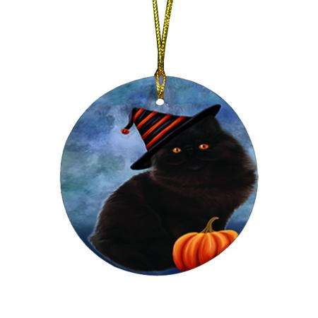 Happy Halloween Persian Cat Wearing Witch Hat with Pumpkin Round Flat Christmas Ornament RFPOR55093