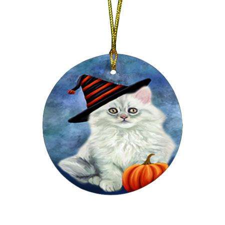 Happy Halloween Persian Cat Wearing Witch Hat with Pumpkin Round Flat Christmas Ornament RFPOR55094