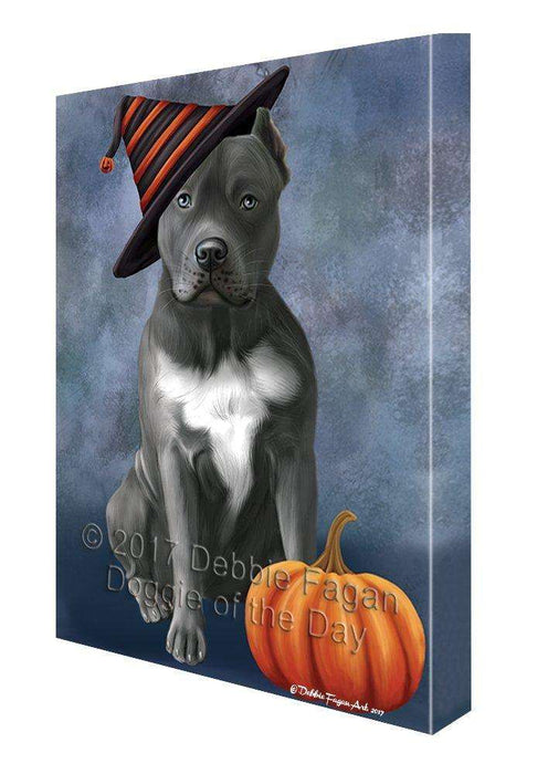 Happy Halloween Pit Bull Dog and Witch Hat with Pumpkin Wall Art Canvas