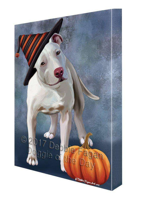 Happy Halloween Pit Bull Dog Donning Witch Hat with Pumpkin Wall Art Canvas