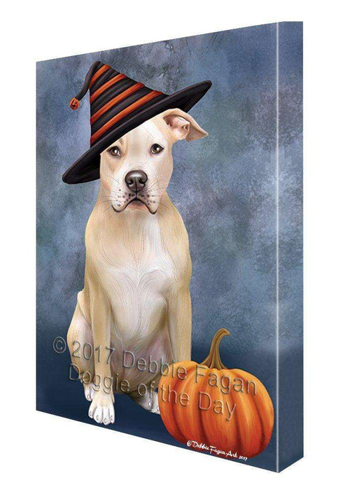 Happy Halloween Pit Bull Dog Sporting Witch Hat with Pumpkin Wall Art Canvas