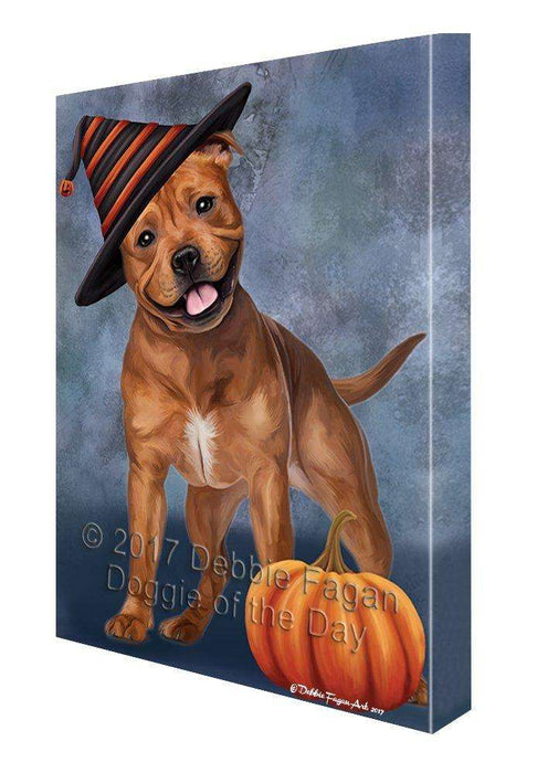 Happy Halloween Pit Bull Dog Wearing Witch Hat with Pumpkin Canvas Wall Art