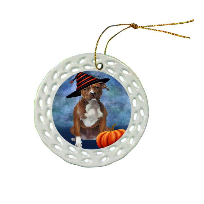 Happy Halloween Pit Bull Dog Wearing Witch Hat with Pumpkin Ceramic Doily Ornament DPOR55104