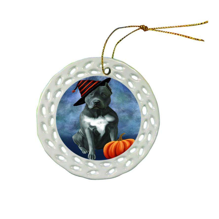 Happy Halloween Pit Bull Dog Wearing Witch Hat with Pumpkin Ceramic Doily Ornament DPOR55106