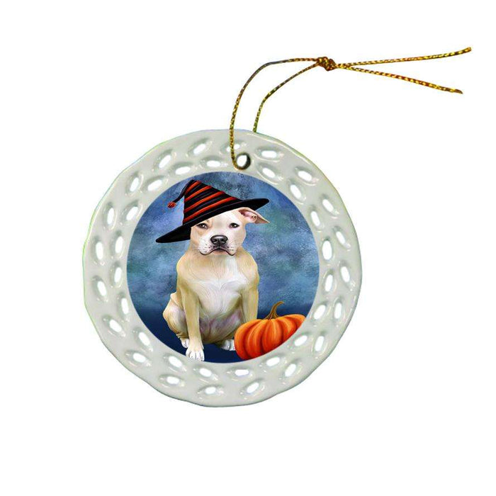 Happy Halloween Pit Bull Dog Wearing Witch Hat with Pumpkin Ceramic Doily Ornament DPOR55108