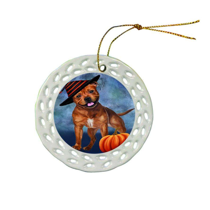 Happy Halloween Pit Bull Dog Wearing Witch Hat with Pumpkin Ceramic Doily Ornament DPOR55109