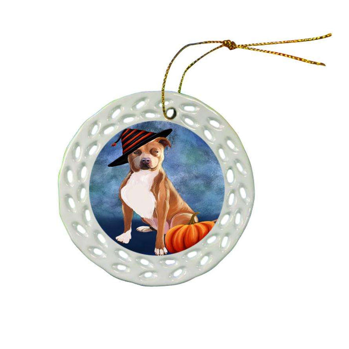 Happy Halloween Pit Bull Dog Wearing Witch Hat with Pumpkin Ceramic Doily Ornament DPOR55111
