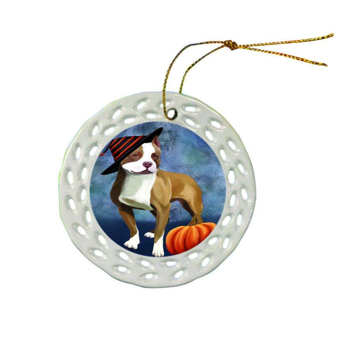 Happy Halloween Pit Bull Dog Wearing Witch Hat with Pumpkin Ceramic Doily Ornament DPOR55112