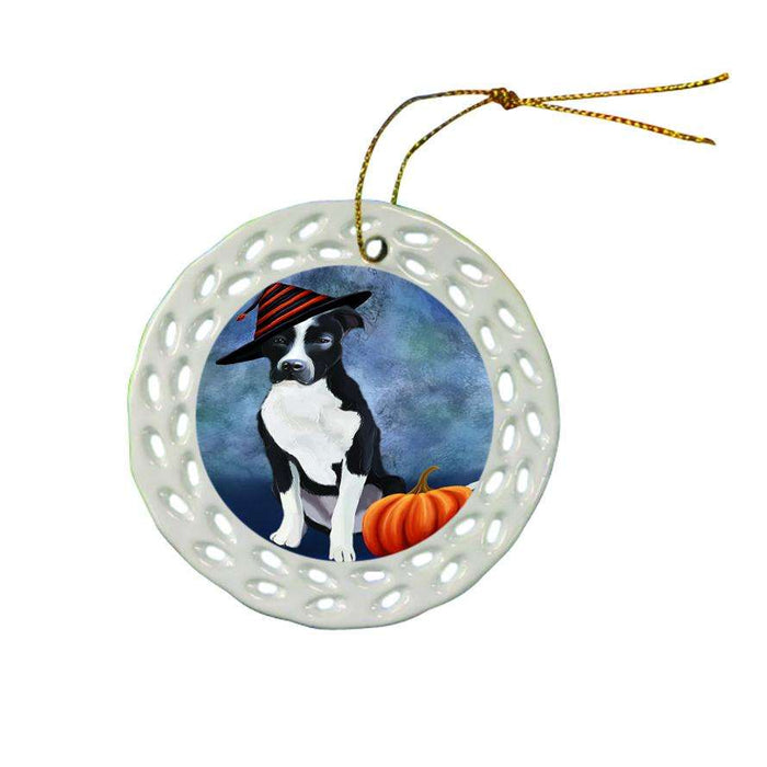 Happy Halloween Pit Bull Dog Wearing Witch Hat with Pumpkin Ceramic Doily Ornament DPOR55113