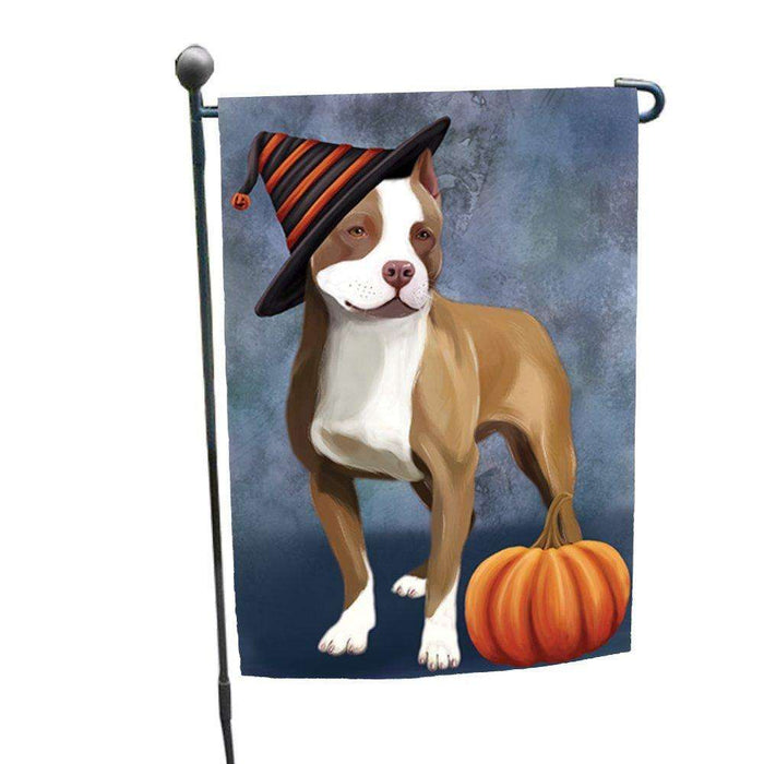Happy Halloween Pit Bull Dog Wearing Witch Hat with Pumpkin Garden Flag