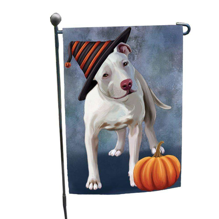 Happy Halloween Pit Bull Dog Wearing Witch Hat with Pumpkin Garden Flag
