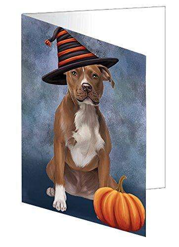 Happy Halloween Pit Bull Dog Wearing Witch Hat with Pumpkin Handmade Artwork Assorted Pets Greeting Cards and Note Cards with Envelopes for All Occasions and Holiday Seasons D504