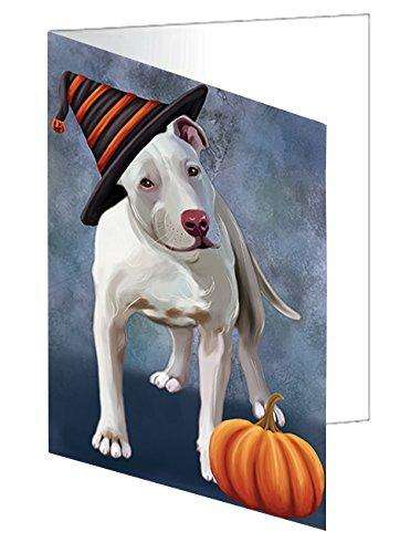 Happy Halloween Pit Bull Dog Wearing Witch Hat with Pumpkin Handmade Artwork Assorted Pets Greeting Cards and Note Cards with Envelopes for All Occasions and Holiday Seasons D509