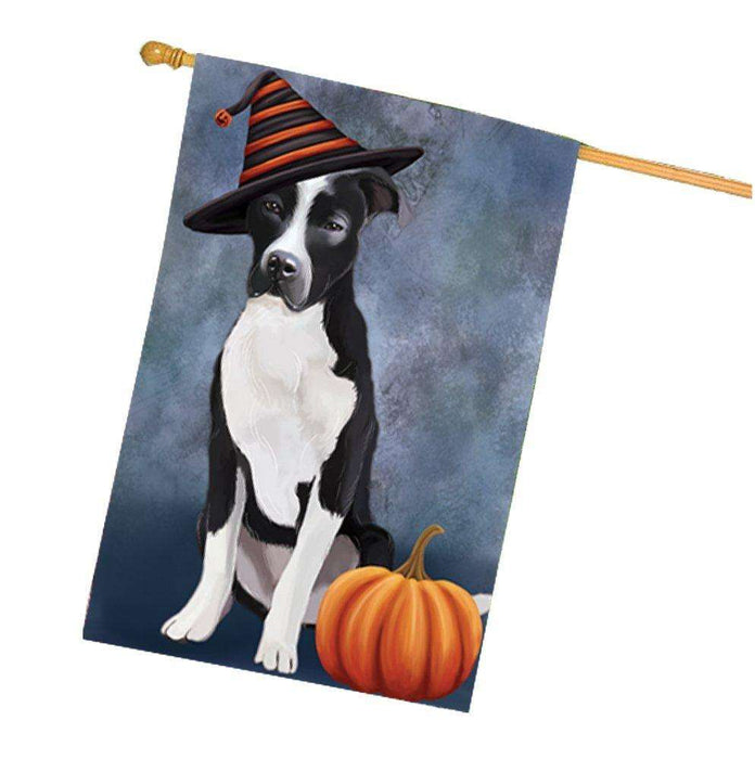 Happy Halloween Pit Bull Dog Wearing Witch Hat with Pumpkin House Flag HF381