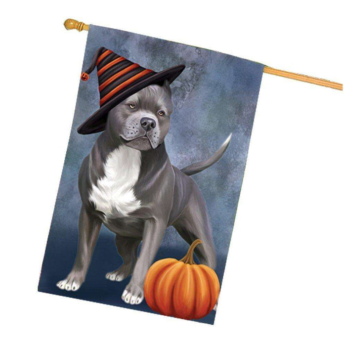 Happy Halloween Pit Bull Dog Wearing Witch Hat with Pumpkin House Flag HF382