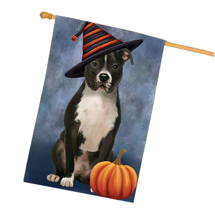 Happy Halloween Pit Bull Dog Wearing Witch Hat with Pumpkin House Flag