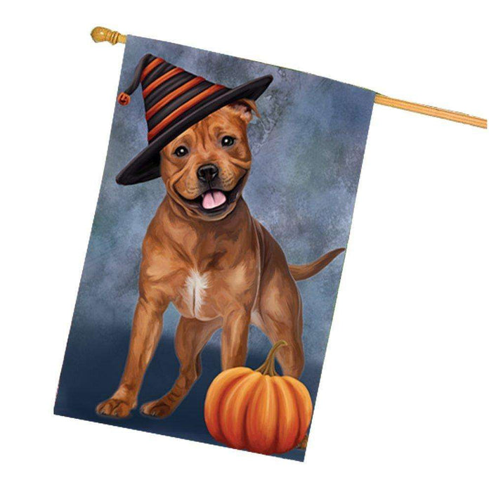 Happy Halloween Pit Bull Dog Wearing Witch Hat with Pumpkin House Flag