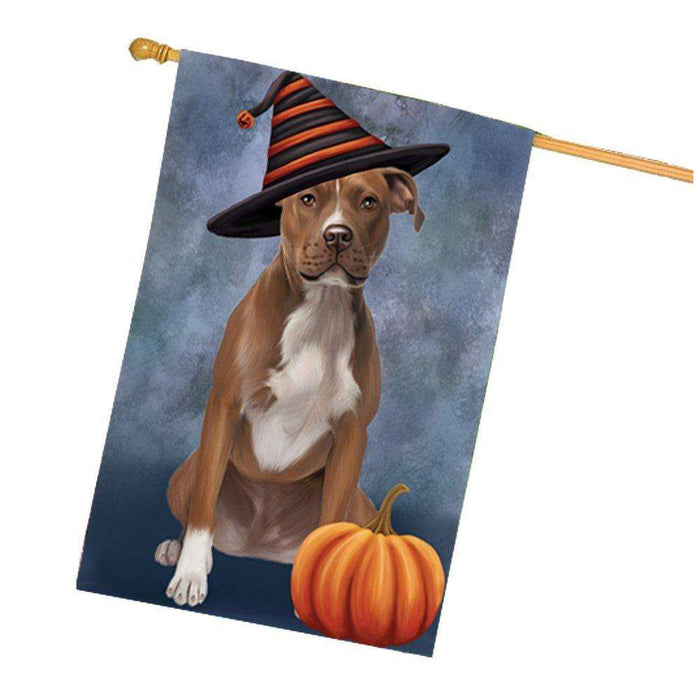 Happy Halloween Pit Bull Dog Wearing Witch Hat with Pumpkin House Flag