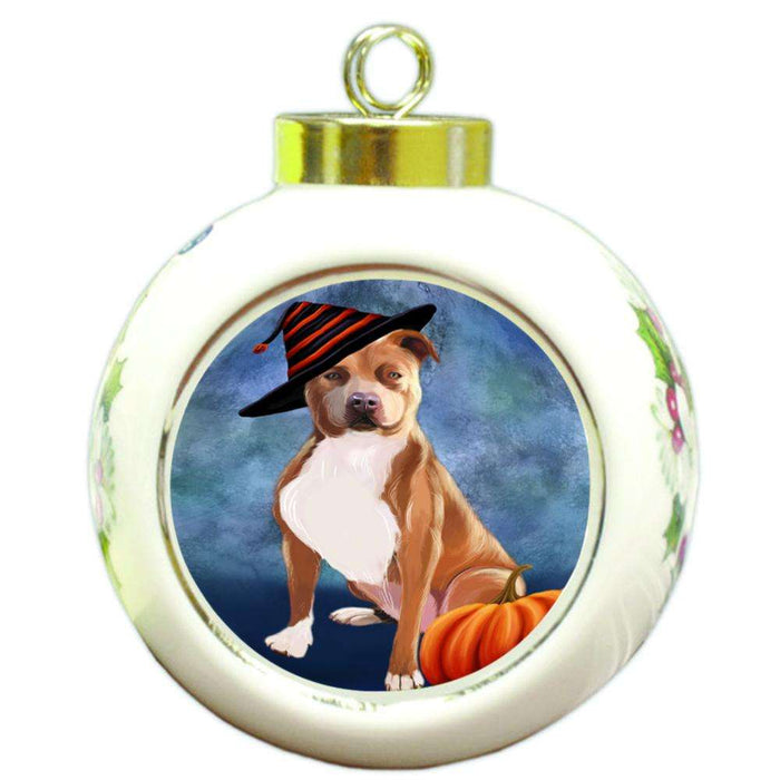 Happy Halloween Pit Bull Dog Wearing Witch Hat with Pumpkin Round Ball Christmas Ornament RBPOR55111