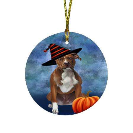 Happy Halloween Pit Bull Dog Wearing Witch Hat with Pumpkin Round Flat Christmas Ornament RFPOR55095