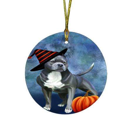Happy Halloween Pit Bull Dog Wearing Witch Hat with Pumpkin Round Flat Christmas Ornament RFPOR55096