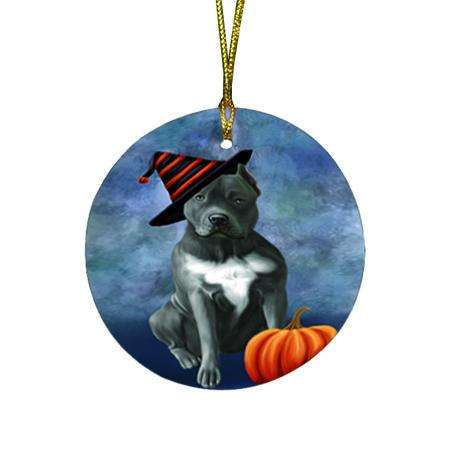 Happy Halloween Pit Bull Dog Wearing Witch Hat with Pumpkin Round Flat Christmas Ornament RFPOR55097