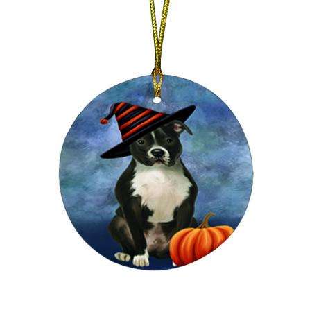 Happy Halloween Pit Bull Dog Wearing Witch Hat with Pumpkin Round Flat Christmas Ornament RFPOR55098