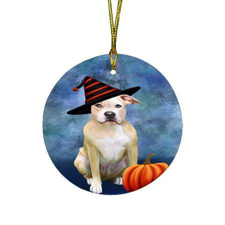 Happy Halloween Pit Bull Dog Wearing Witch Hat with Pumpkin Round Flat Christmas Ornament RFPOR55099