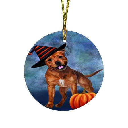 Happy Halloween Pit Bull Dog Wearing Witch Hat with Pumpkin Round Flat Christmas Ornament RFPOR55100