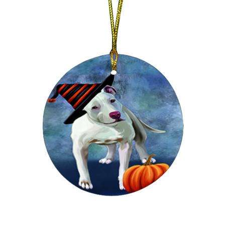 Happy Halloween Pit Bull Dog Wearing Witch Hat with Pumpkin Round Flat Christmas Ornament RFPOR55101