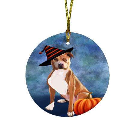 Happy Halloween Pit Bull Dog Wearing Witch Hat with Pumpkin Round Flat Christmas Ornament RFPOR55102