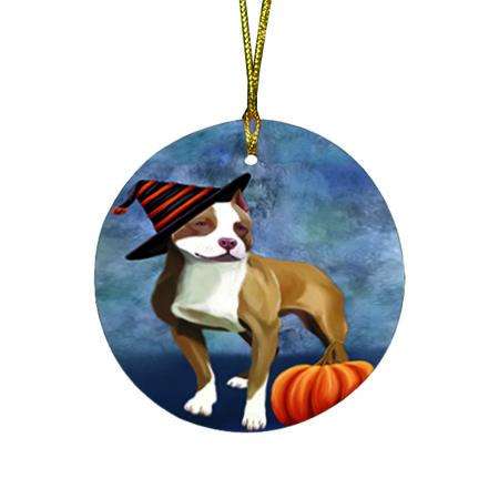 Happy Halloween Pit Bull Dog Wearing Witch Hat with Pumpkin Round Flat Christmas Ornament RFPOR55103
