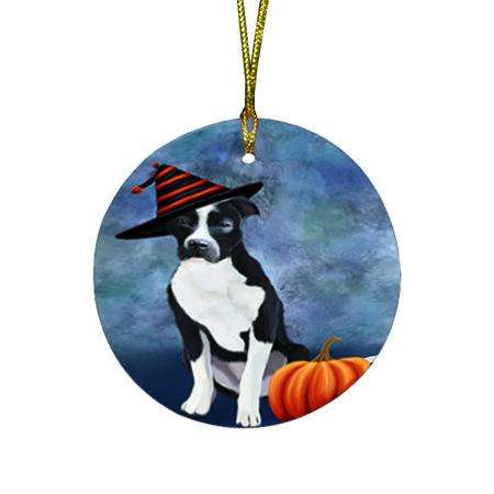 Happy Halloween Pit Bull Dog Wearing Witch Hat with Pumpkin Round Flat Christmas Ornament RFPOR55104