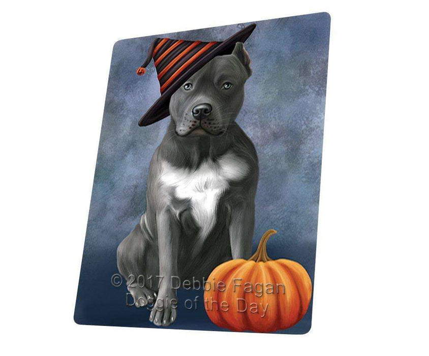 Happy Halloween Pit Bull Dog Wearing Witch Hat with Pumpkin Tempered Cutting Board
