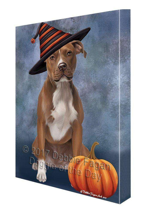 Happy Halloween Pit Bull Dog Wearing Witch Hat with Pumpkin Wall Art Canvas
