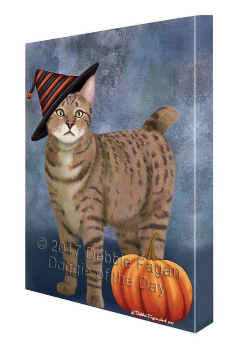 Happy Halloween Pixie Bob Cat Wearing Witch Hat with Pumpkin Canvas Wall Art