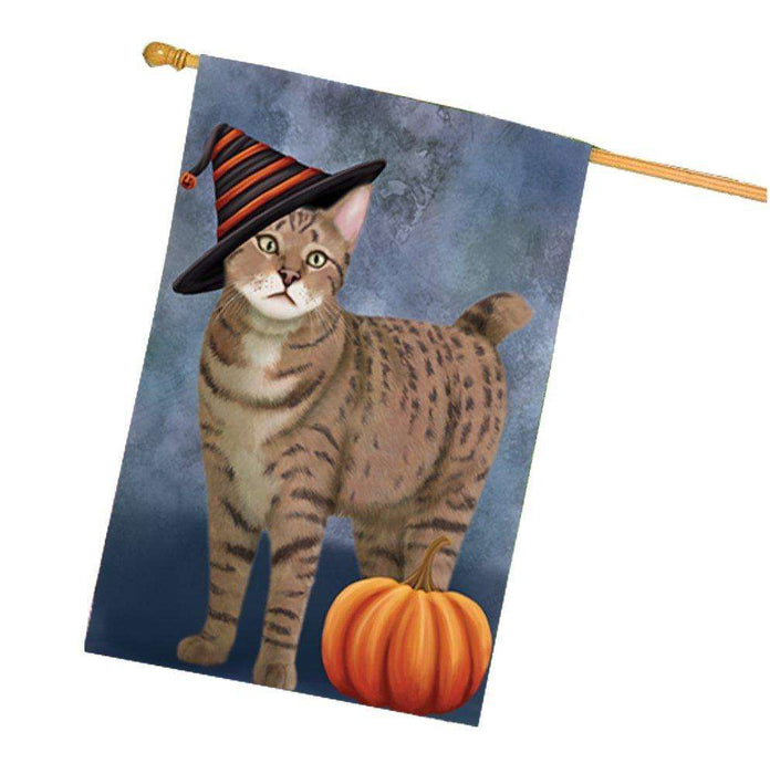Happy Halloween Pixie Bob Cat Wearing Witch Hat with Pumpkin House Flag