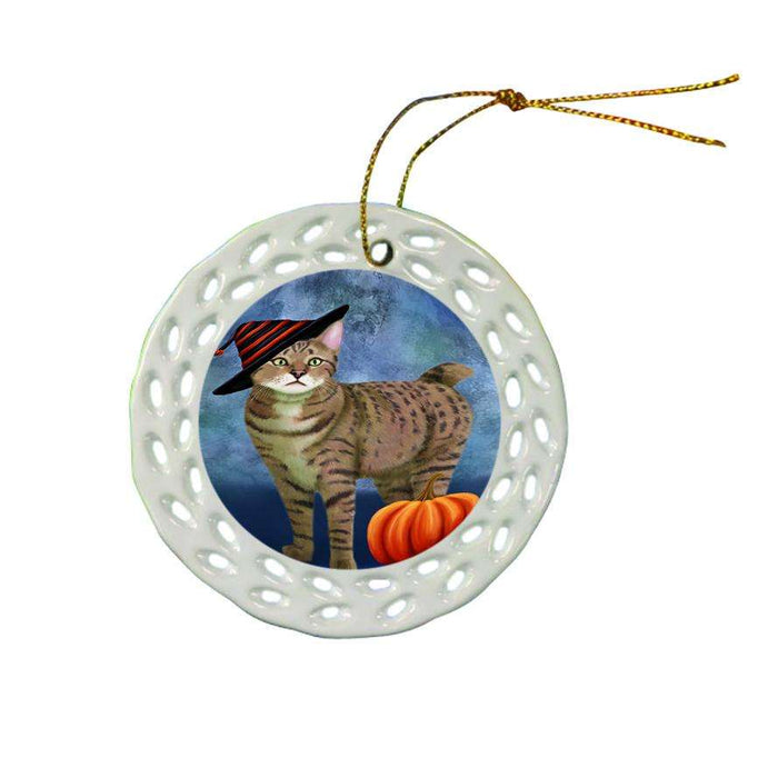 Happy Halloween Pixie Bob Wearing Witch Hat with Pumpkin Ceramic Doily Ornament DPOR55114