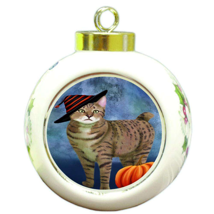 Happy Halloween Pixie Bob Wearing Witch Hat with Pumpkin Round Ball Christmas Ornament RBPOR55114
