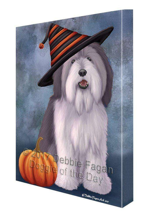 Happy Halloween Polish Lowland Sheepdog Dog Wearing Witch Hat with Pumpkin Canvas Wall Art