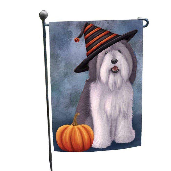 Happy Halloween Polish Lowland Sheepdog Dog Wearing Witch Hat with Pumpkin Garden Flag