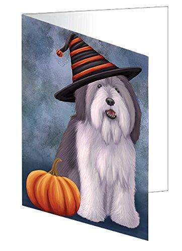 Happy Halloween Polish Lowland Sheepdog Dog Wearing Witch Hat with Pumpkin Handmade Artwork Assorted Pets Greeting Cards and Note Cards with Envelopes for All Occasions and Holiday Seasons D515