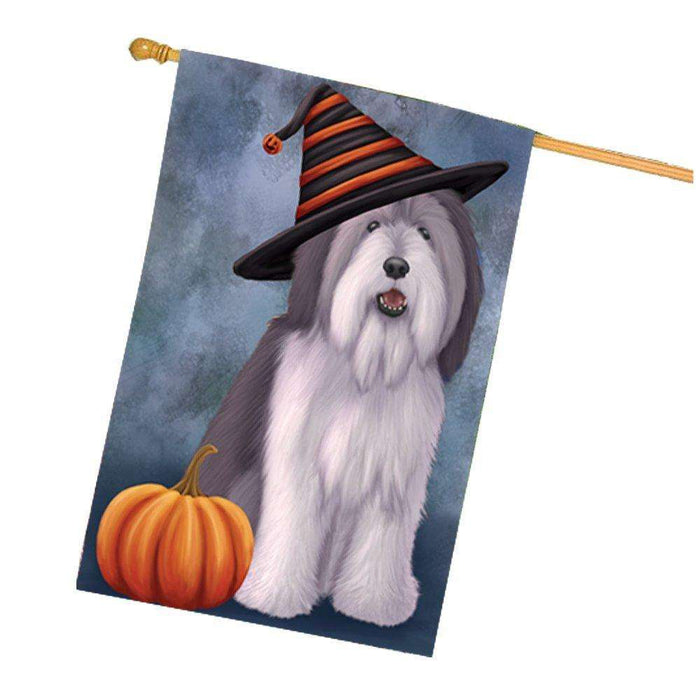Happy Halloween Polish Lowland Sheepdog Dog Wearing Witch Hat with Pumpkin House Flag
