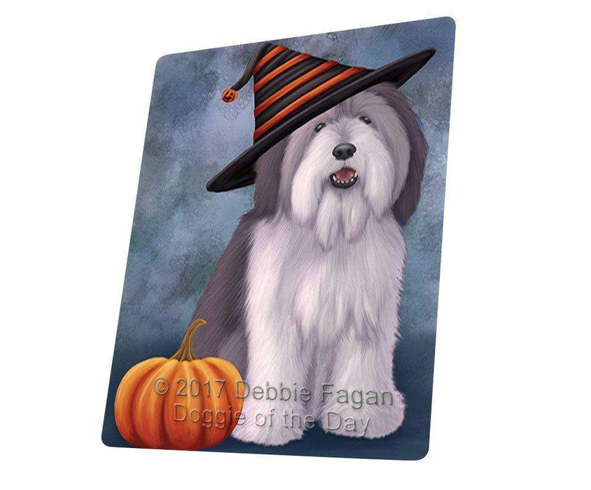 Happy Halloween Polish Lowland Sheepdog Dog Wearing Witch Hat with Pumpkin Tempered Cutting Board