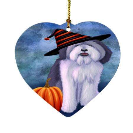 Happy Halloween Polish Lowland Sheepdog Wearing Witch Hat with Pumpkin Heart Christmas Ornament HPOR55115