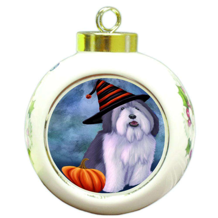 Happy Halloween Polish Lowland Sheepdog Wearing Witch Hat with Pumpkin Round Ball Christmas Ornament RBPOR55115