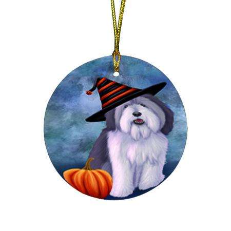 Happy Halloween Polish Lowland Sheepdog Wearing Witch Hat with Pumpkin Round Flat Christmas Ornament RFPOR55106