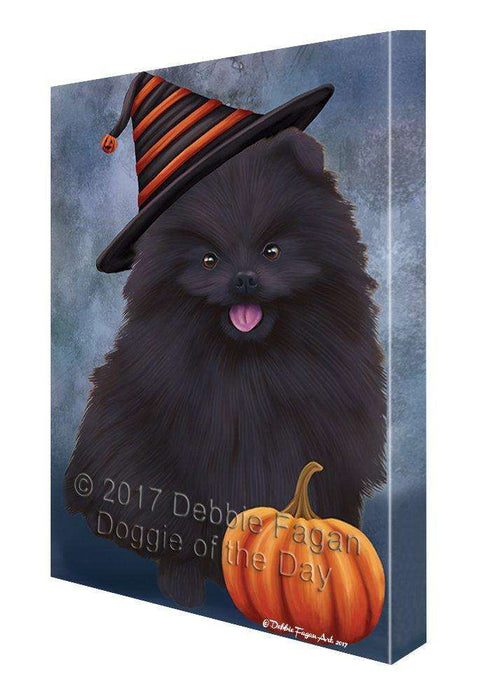 Happy Halloween Pomeranian Black Dog Wearing Witch Hat with Pumpkin Canvas Wall Art